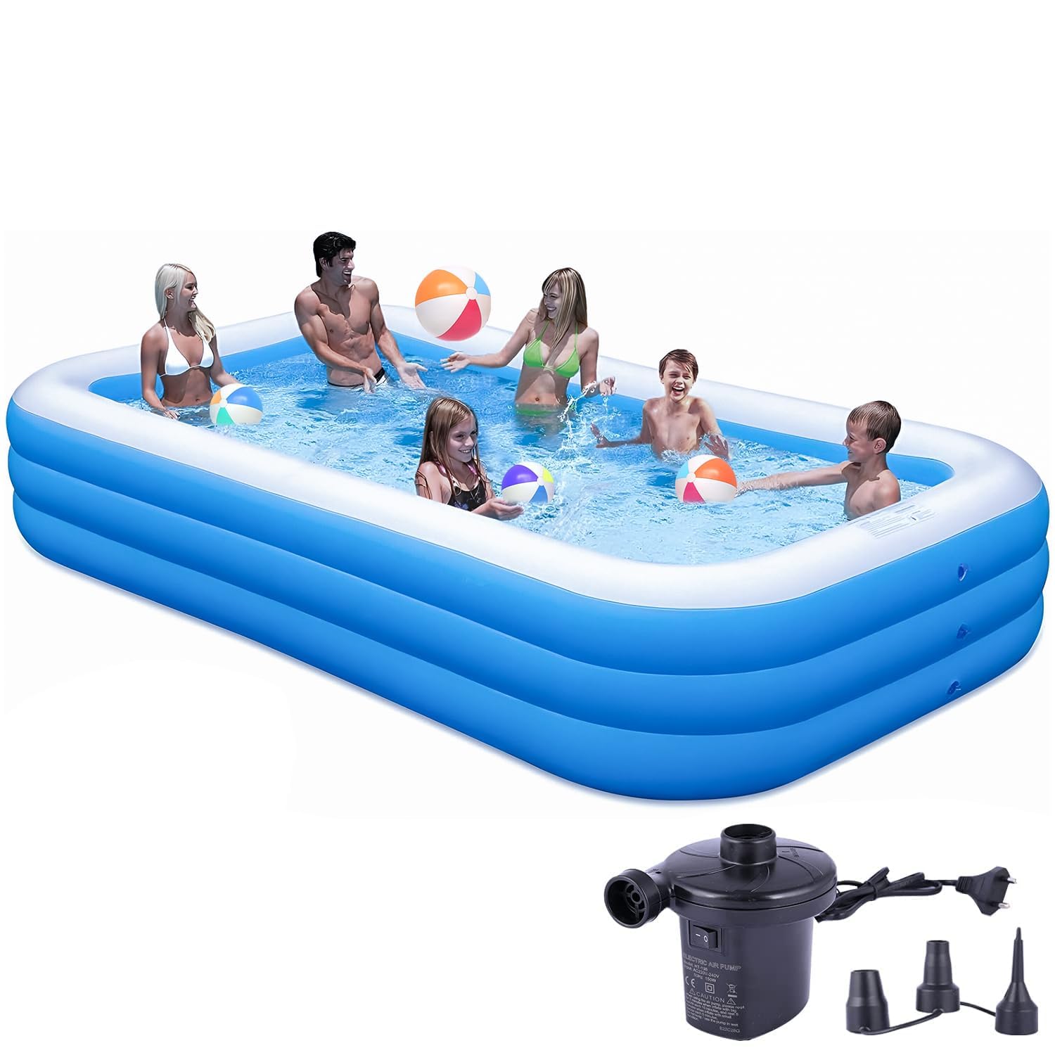 8.5 Feet Rectangular Inflatable Pool with Electric Pump Full-Sized Swimming with Family Bathtub for Kids Adults Outdoor Backyard Garden Summer Party (Blue)