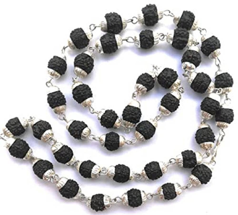 Smileme Peaceful Radiance Black Rudraksha Mala in Silver Designer Caps (5 mm) - Natural Beads Silver Plated Pack of 1 Mala, 36 Japa Rosary Black Lab Certified Rudraksh for Men SILVER PLATED Wood Chain (B0D76LNC3N) Amazon Price History, Amazon Price Tracker