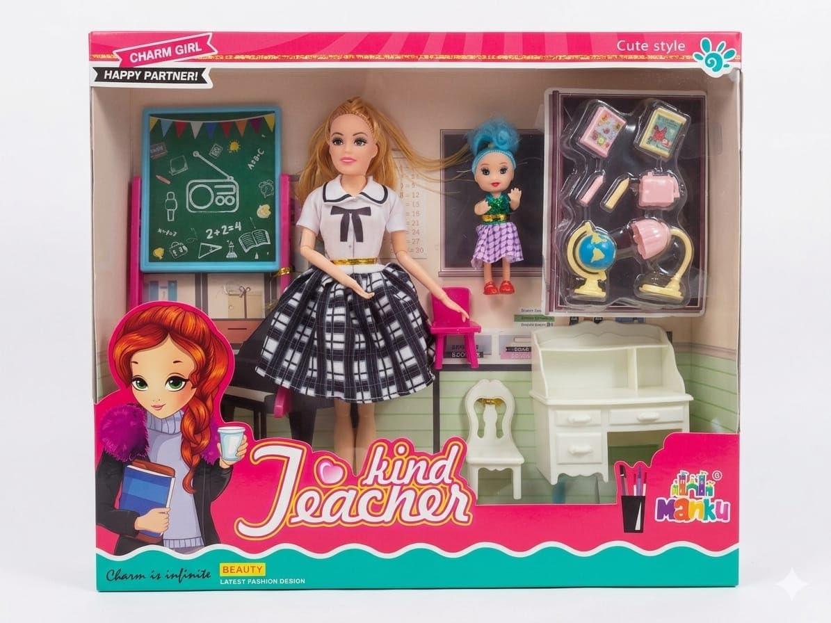 Kids Classroom Pretend Play Set with Teacher Doll, Student Doll & Study Furniture-image-24
