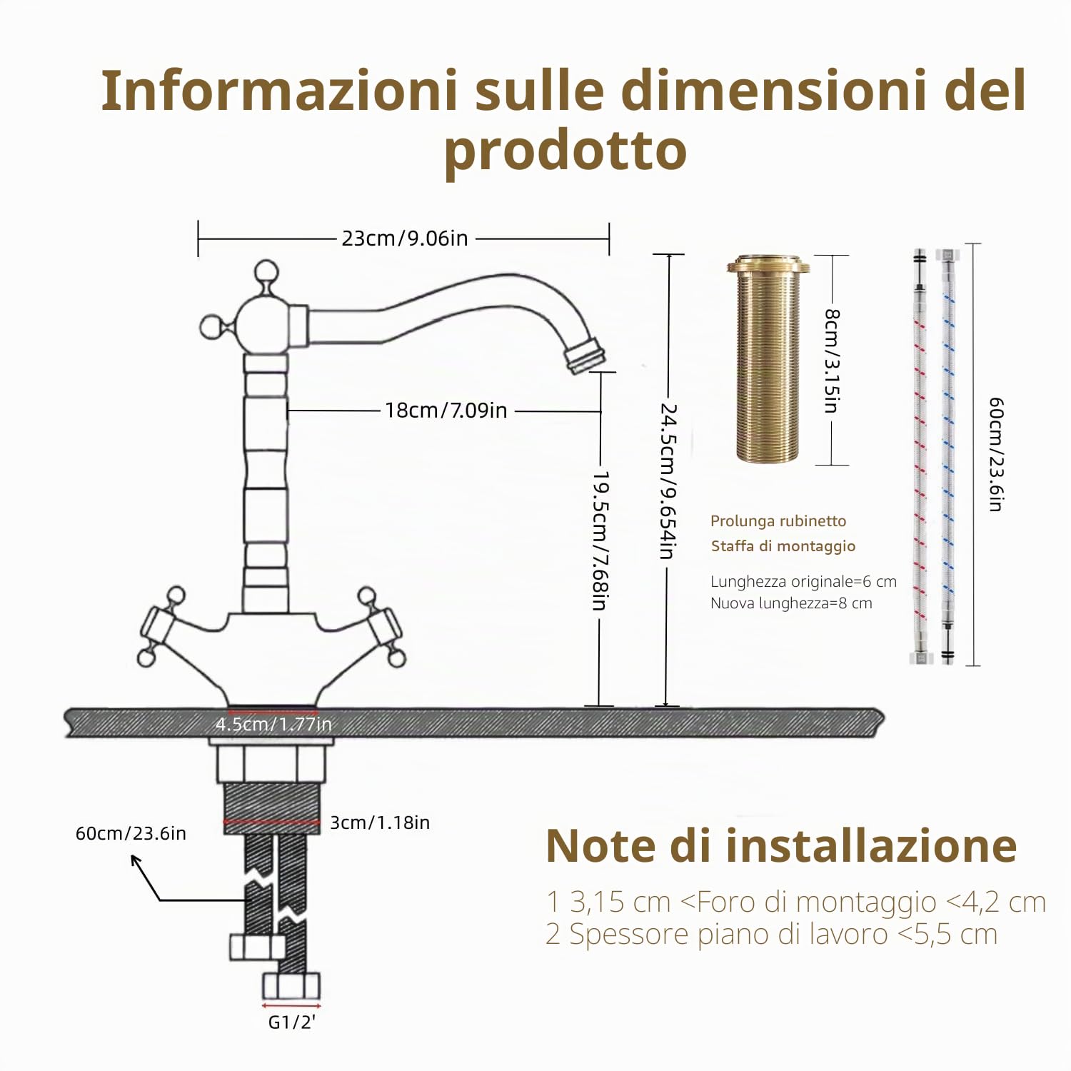 Retrò Rubinetto Lavello Cucina Bronzo, Rubinetto Lavabo Alto in Ottone Anticato, 360° Girevole Vintage Miscelatore con Doppia Maniglia per Bagno Cucina