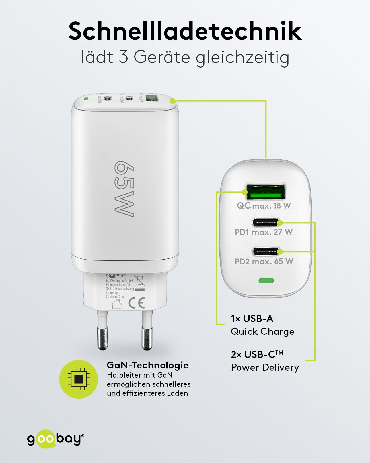 Goobay 65408 Chargeur USB C Alimentation 65W Power Delivery PD Chargeur Rapide/iPhone/Android/USB-C & USB-A 3 Ports Mini Adaptateur pour Prise de Courant/Blanc