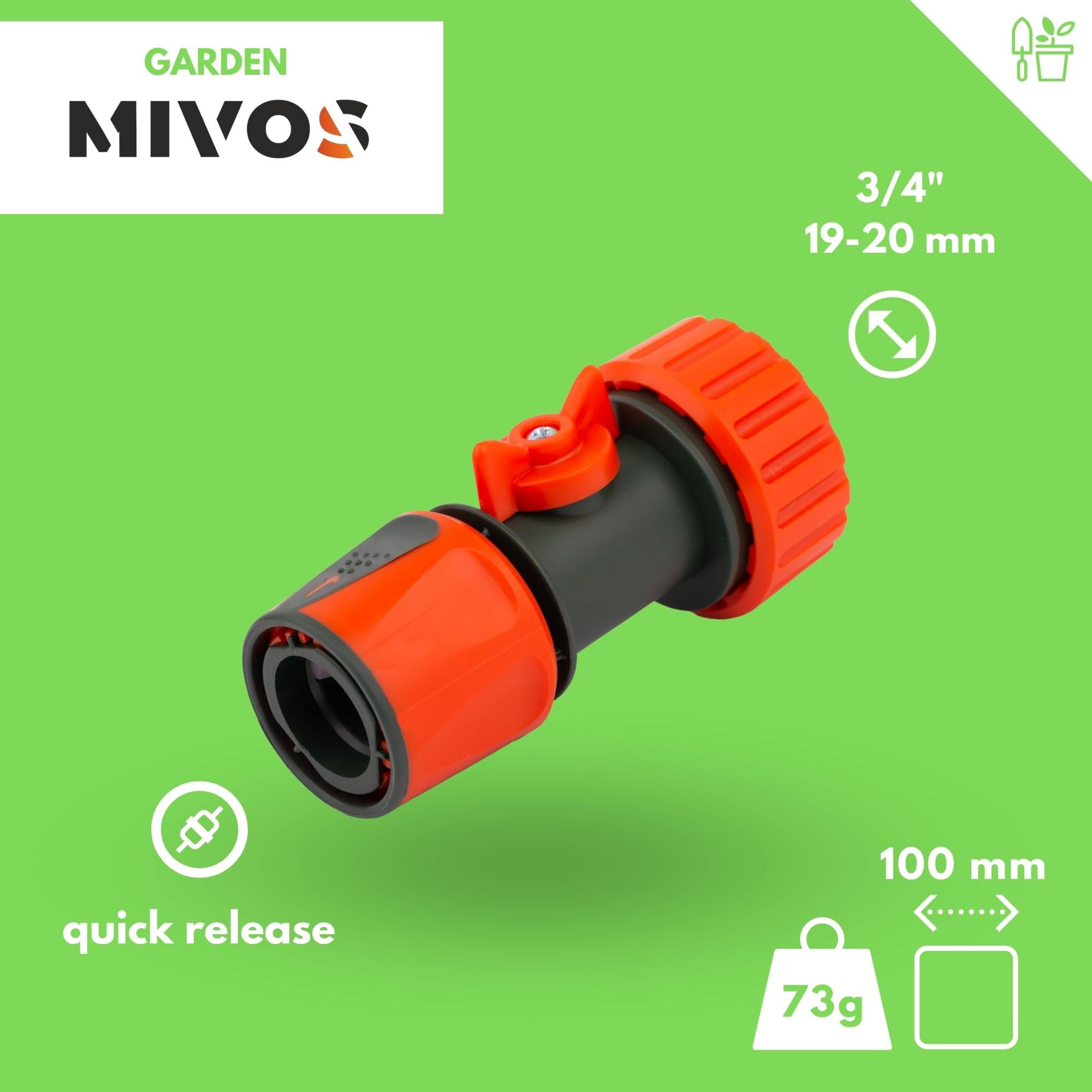 MIVOS Hose Coupling with Stopcock for 3/4 Inch (20 mm) Hose - 3/4 Inch Garden Hose Connector for Regulating and Shutting Off Water Flow - Image 3