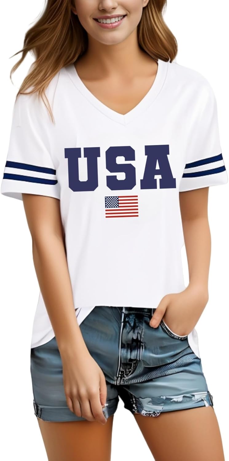 American Flag Shirts for Women V Neck 4th of July Shirt USA Tshirt Gift Independence Day Patriotic Short Sleeve Tops