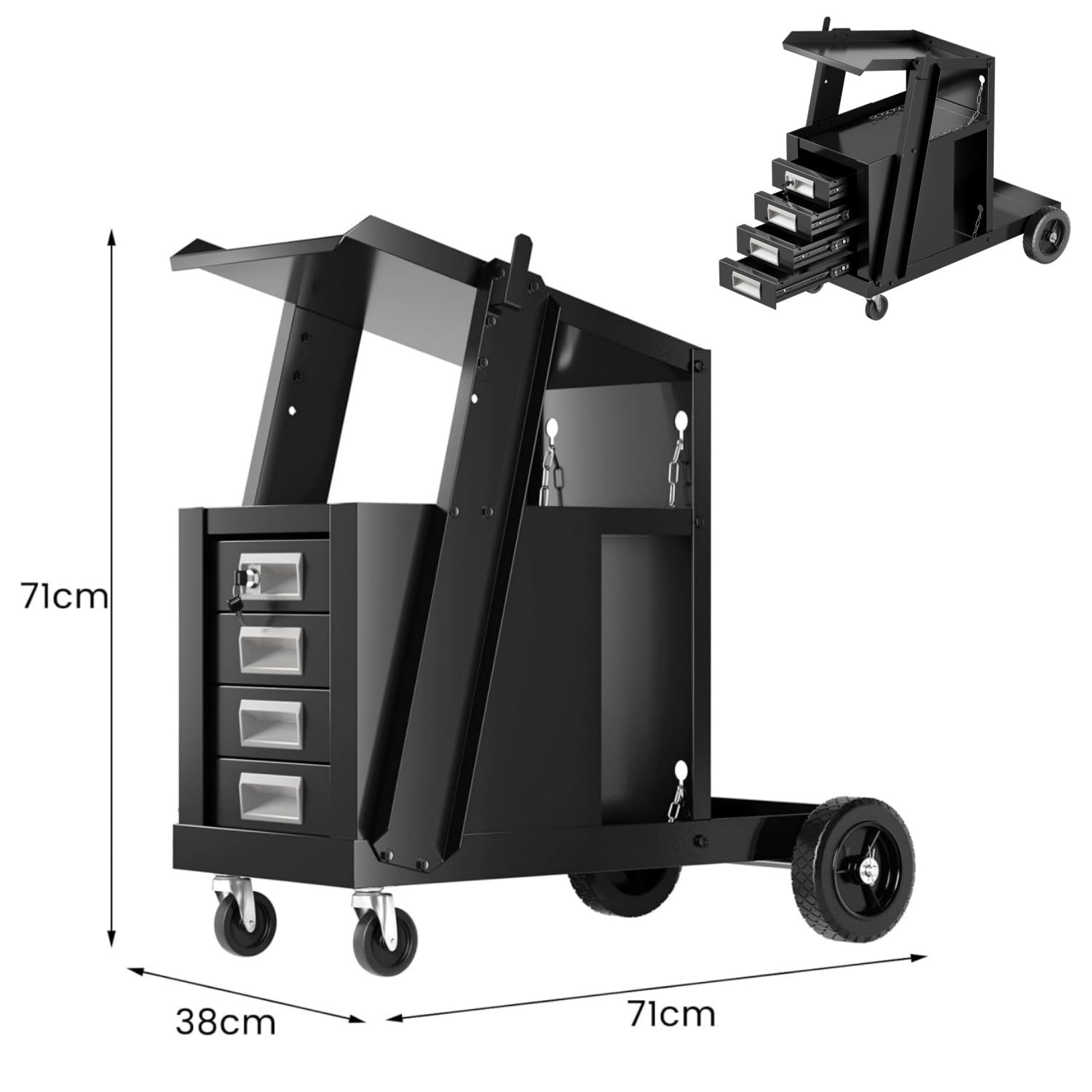 GOPLUS Carro de Soldadura Móvil, Organizador de Taller con 4 Cajones, Ruedas y Cadena de Seguridad para Bombona de Gas, Carrito de Herramientas para Soldador y Cortador de Plasma, Carga 45 kg