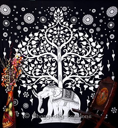 World Wide KartPsychedelic Celestial Elephant Tree Tapestry, Hippie Tapestries, Good Luck Black & White Elephant Tapestry, Hippie Gypsy Wall Hanging, Tree of Life Tapestry, Queen 86X94 by Bhagyoday Fashion