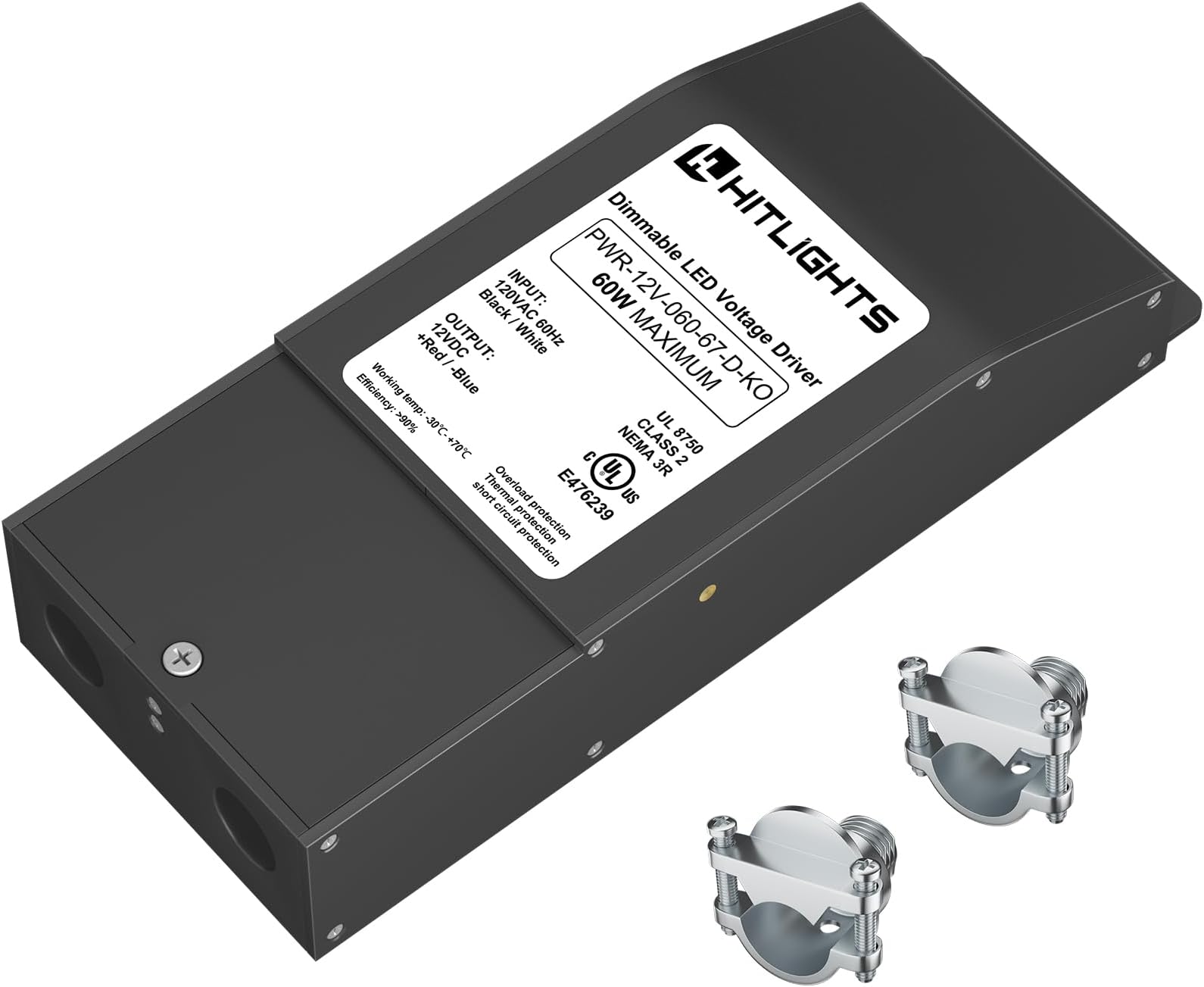 HitLights Dimmable LED Driver 60W 12V DC, 120V AC Input to 12V DC Output, Class 2, Compatible with Lutron and Leviton, Constant Voltage, Bare Wire Connections, UL Listed, Made in USA