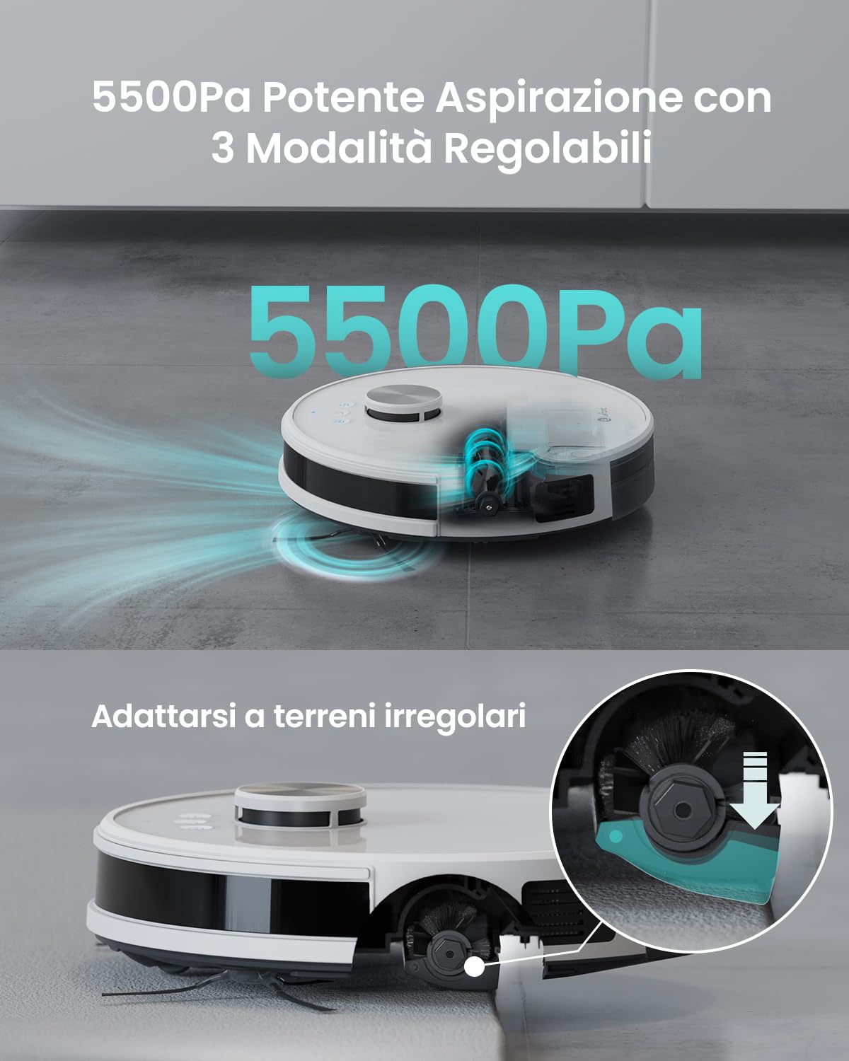 LEFANT M1 Robot Aspirapolvere Lavapavimenti con Mappatura Laser dToF, Doppia Spazzola Laterale, 5500Pa, Autonomia 200 Min, Controllo APP Alexa Google, Ideale per Peli Animali, Bianco