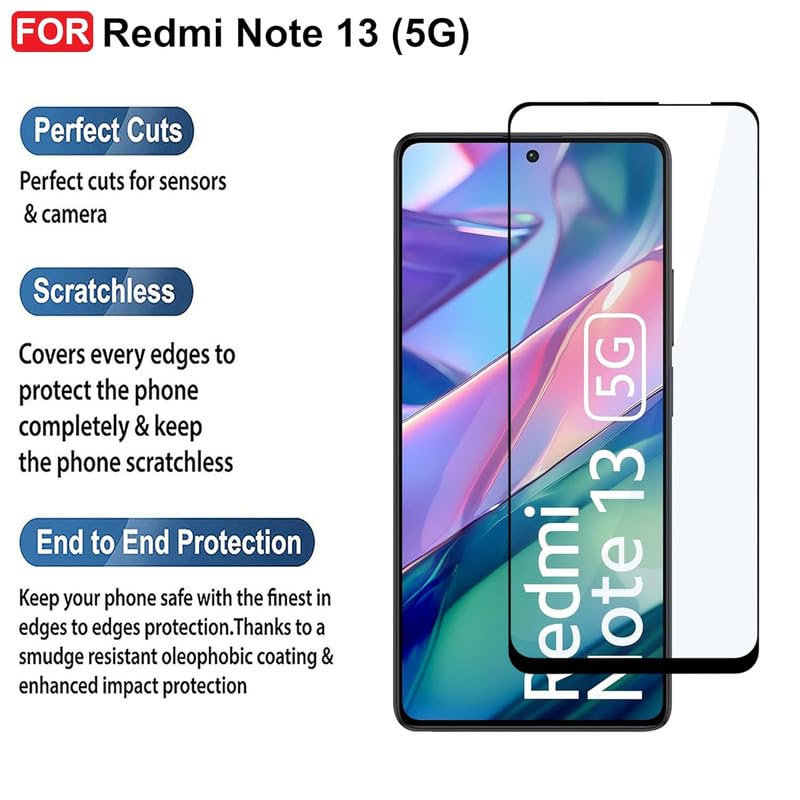 Image of Tempered Glass Full Screen Protector For Redmi Note 13 5G Smartphone With Easy Installation Kit