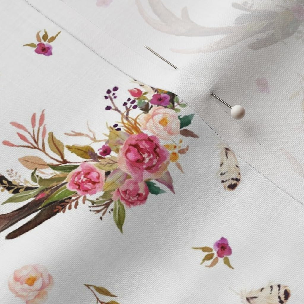 Spoonflower Fabric - Antlers Flowers Pink Floral Feathers Deer Antler Girl Nursery Boho Printed on Petal Signature Cotton Fabric by The Yard - Sewing Quilting Apparel Crafts Decor