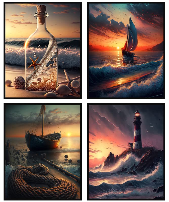 Sunset Landscape Poster, Ocean Landscape Painting, Lighthouse Wall Decor Set of 4 Unframed (8''x10'') Seascape Picture for Bedroom Living Room Decor Aesthetic Vintage Posters Sailboats Prints Marine