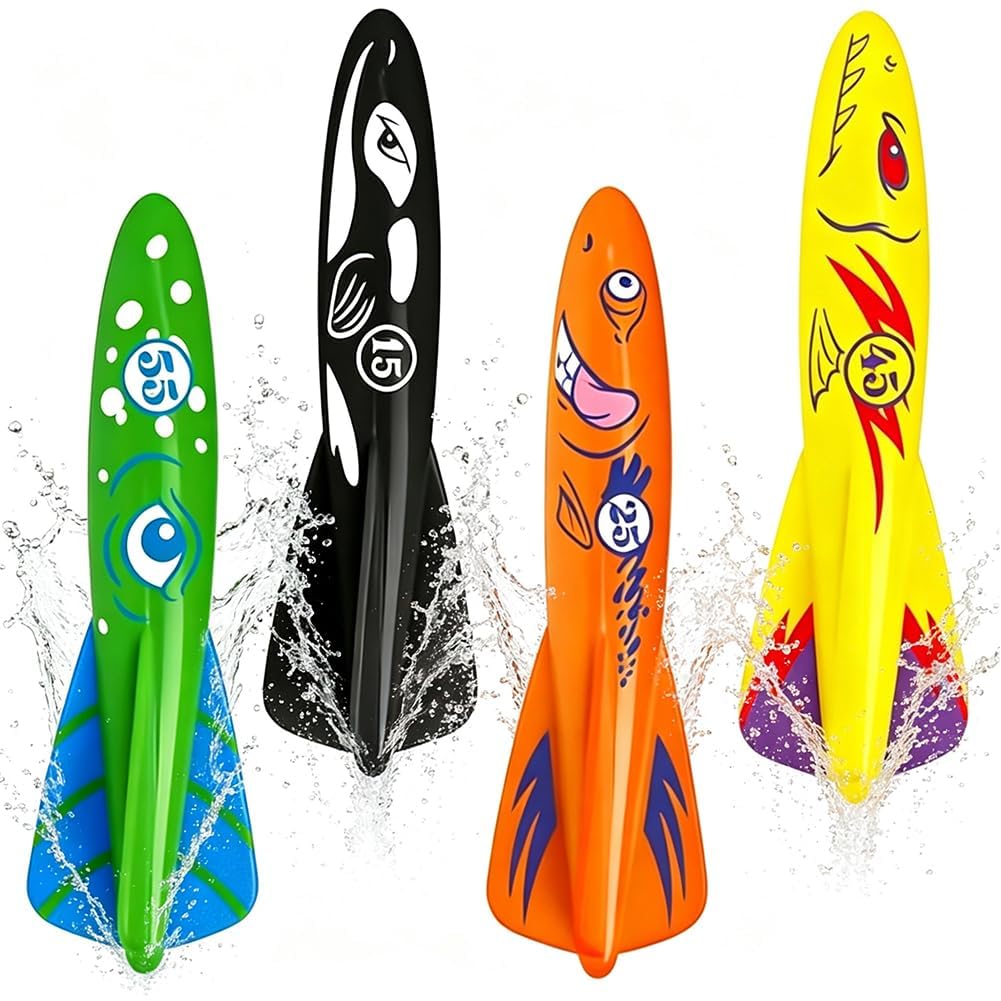 Yrpacfb Unisex Kids Green 4 Pcs Diving Rocket Torpedoes Toys, Swimming Pool Sinking Toy, Swimming Sinkers For Kids, Underwater Diving Toys, Water Swim Underwater Pool Training Toy For Kids Black