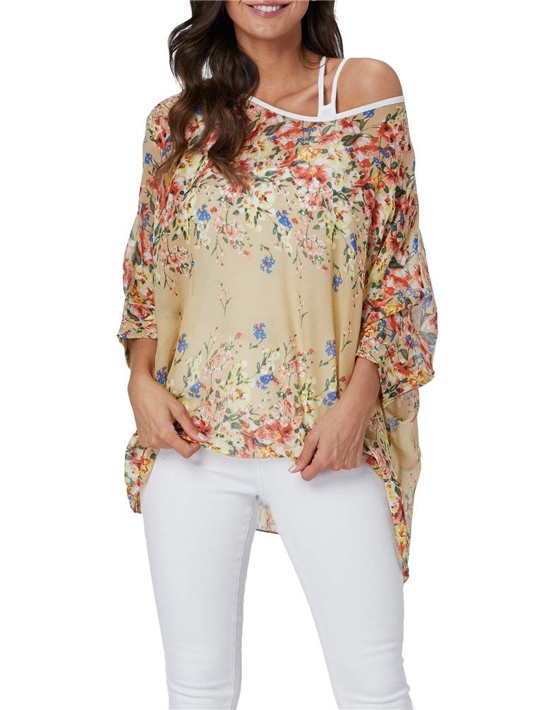 NicetageSheer Chiffon Blouses for Women Batwing Tops Floral Bat Wing Boho Flowy Dressy Tops Dolman Sleeve Shirt, 4349, One size