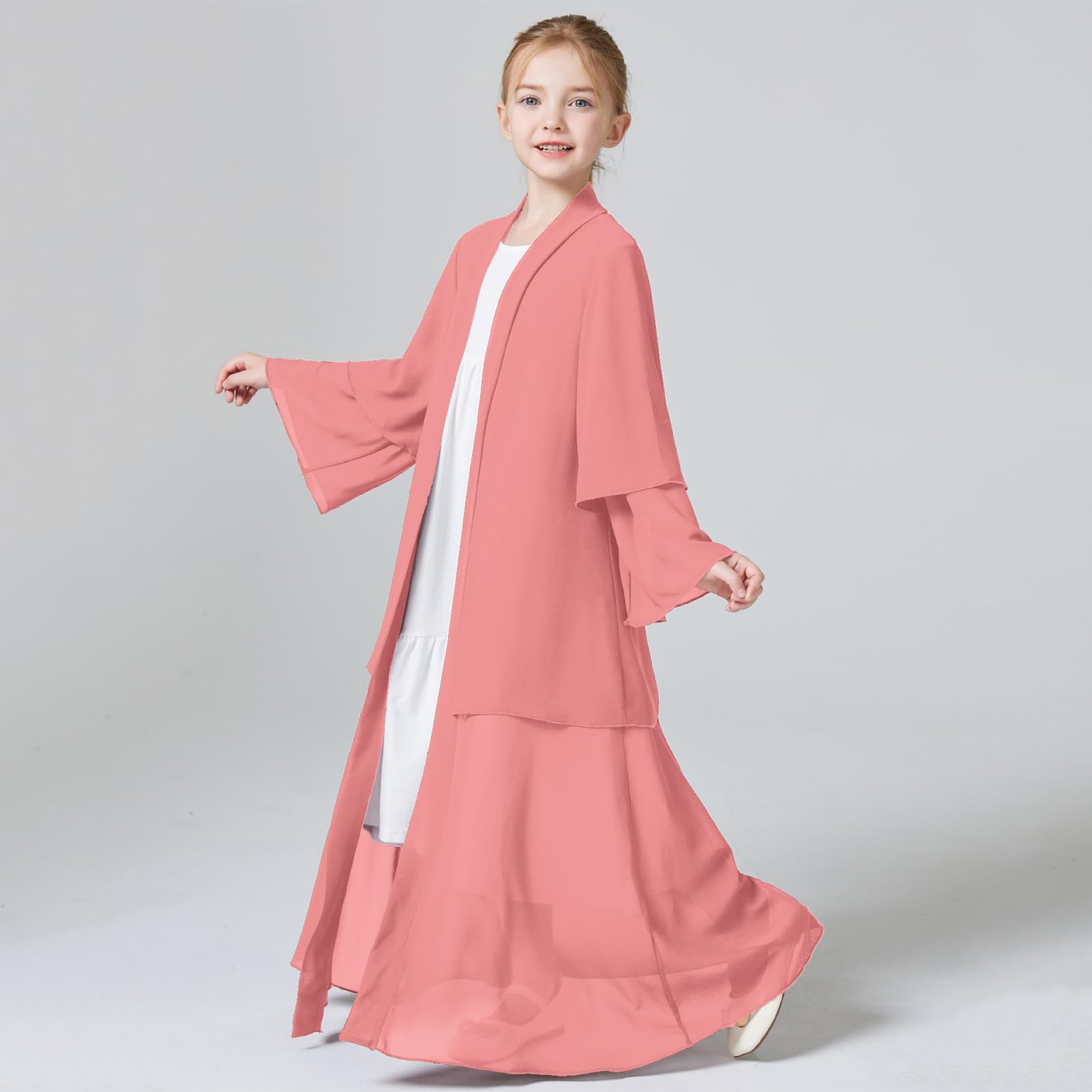 IBAKOM Open Abaya Girl Dress Double Layered Chiffon Muslim Modest Dubai Attire Long Sleeve Islamic Eid Ramadan Prayer Clothes Full Body Arab Turkish Afghan Flowy Kaftan Robe Pink 7-8 Years