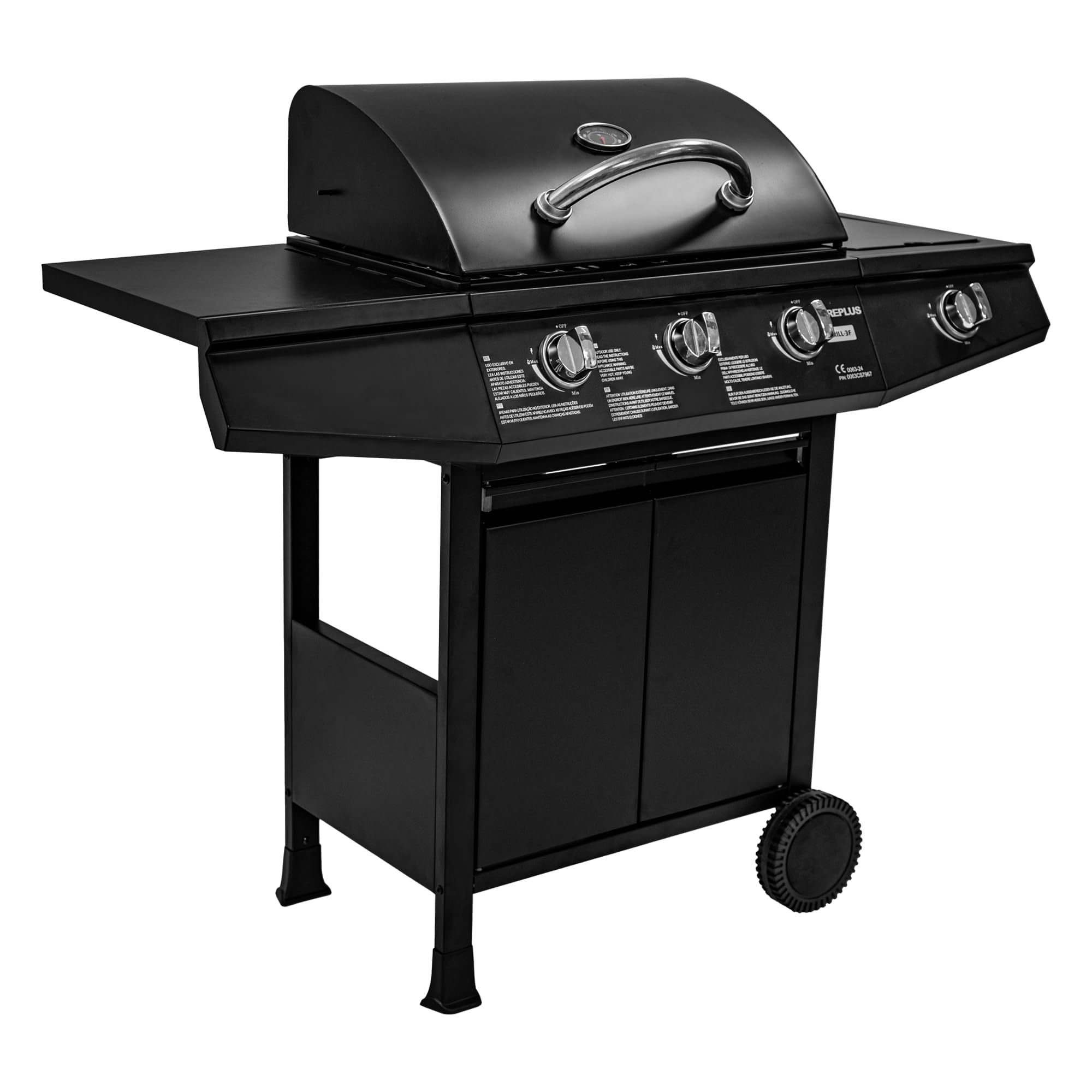 Amig - Barbacoa de gas Fireplus 3+1 de 8,4 kW - Acero inoxidable Negro - Parrilla con ruedas Modelo GRILL-3F - Barbacoa XXL con carro y termómetro - 117x52x103 cm - 4 quemadores y Bandeja lateral