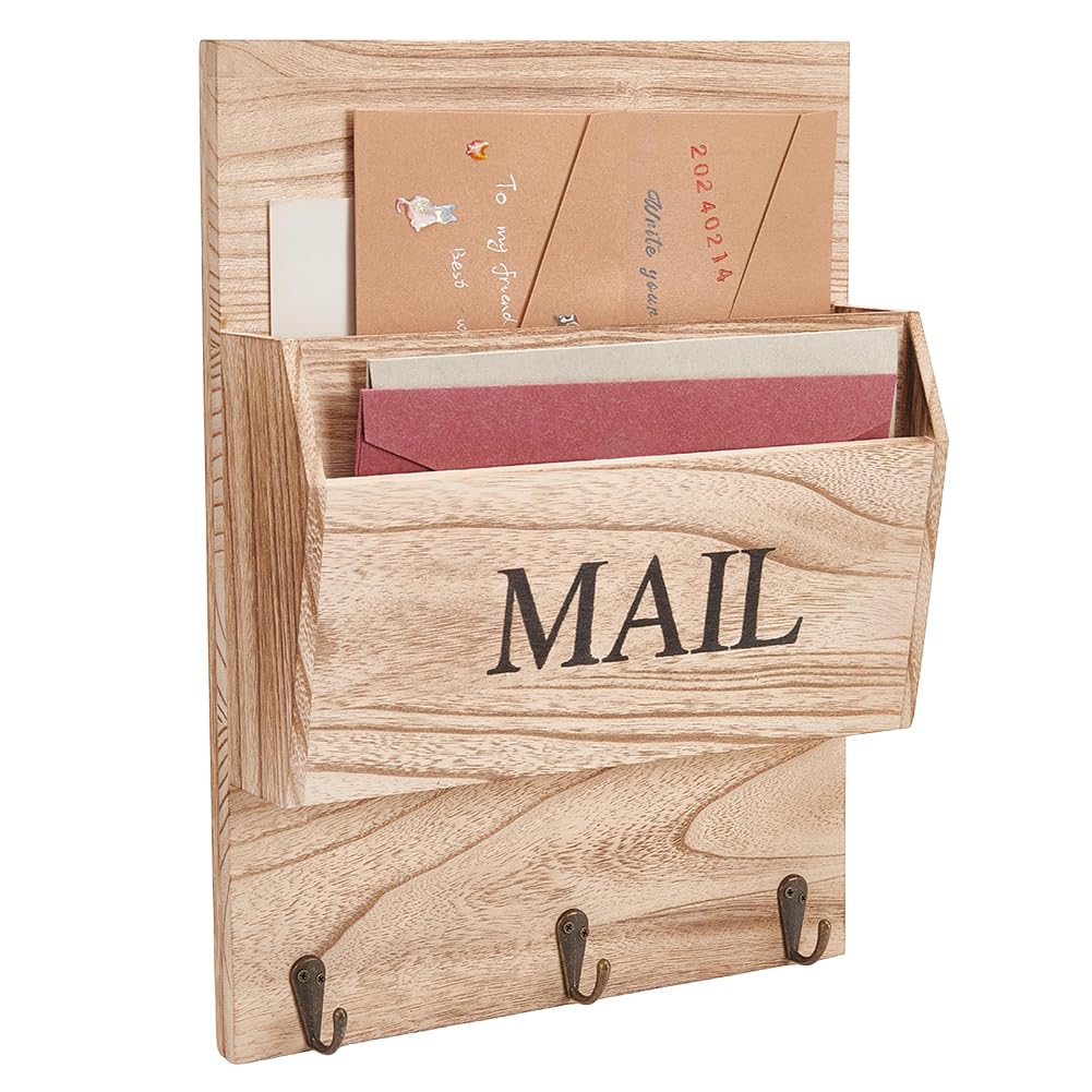 INFUNLY Soporte de madera para llaves de pared, organizador de correo de madera, colgador de llaves de pared con 2 ranuras para correo, paredes de 13.8 x 10.2 pulgadas, carpeta de cartas de granja con