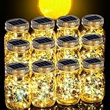 Cooo 12 Pack Gifts for Him Her Solar Lanterns Outdoor Waterproof Upgraded Crystal Glass Solar Mason Jar Lights 30 LED 215% Larger SolarPanel（Just a Little More,Get Double The Delight-Warm White）