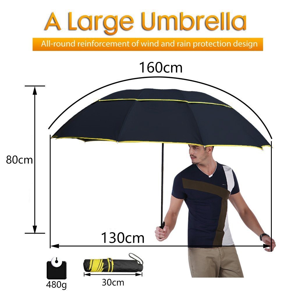 Ombrello Pieghevole da Viaggio, Super Big 130cm Top Ombrellone, Uomo Donna Pioggia Ombrello Antivento, ombrelloni da Uomo d'Affari Moda, Ombrello A Doppio Uso Clear Rain (Color : Black)