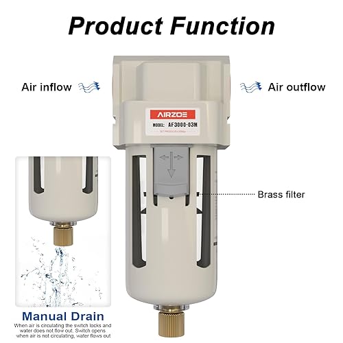 Miniatura 4 de AIRZOE Secador de aire NPT de 38" para compresor - Compresor de aire Separador de agua AF3000-03, drenaje manual, elemento de latón de 5 micrones,