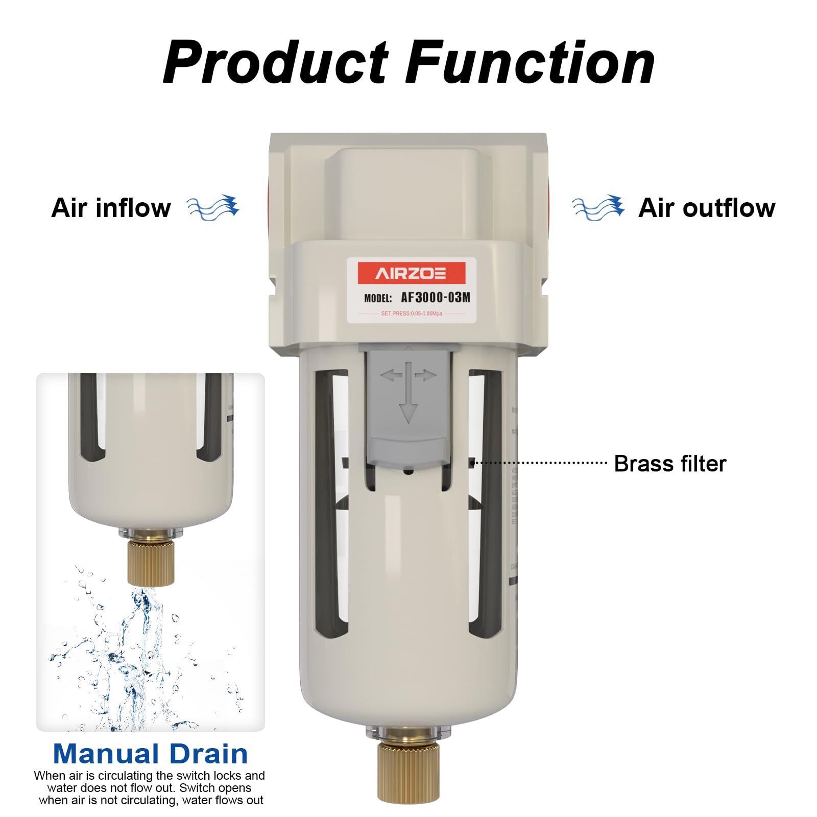AIRZOE 3/8" NPT Compressed Air Filter, Semi-Auto Drain,0-150psi, AF3000-03 — Amazon image 4