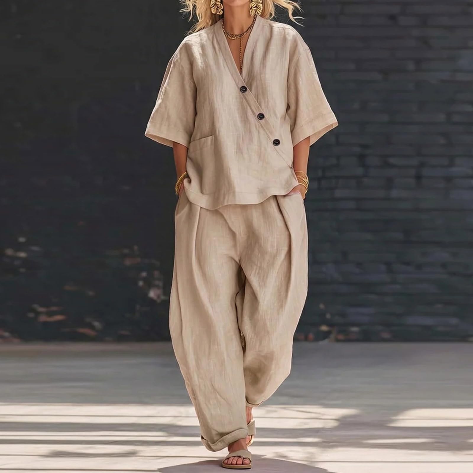Zweiteiler Damen Sommer Leinen Hosenanzug Elegant Musselin Set 2 Teiler Baumwolle Oberteil und Weite Hose Luftig Leichte Leinenanzug Freizeitanzug Hausanzug Casual Outfits Lose