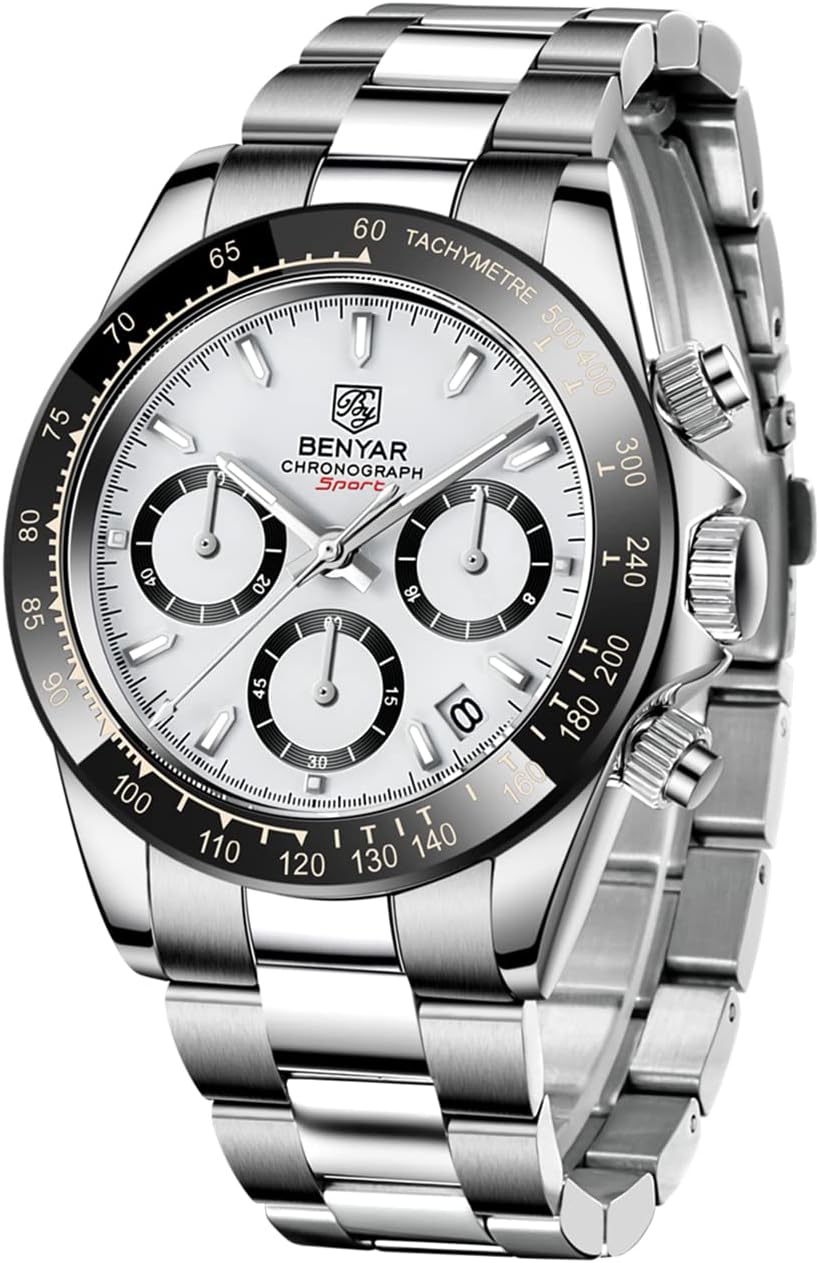 Men’s Watch BENYAR Fashion Quartz Movement Wrist Watch Analog Chronograph Business Waterproof and Scratch Resistant Stainless Steel Strap Leisure Sports Watches for Men