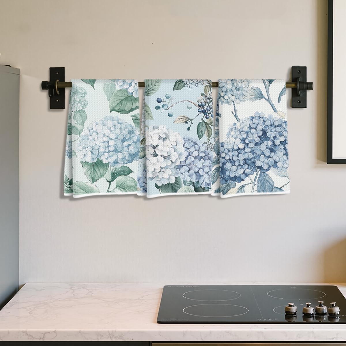 3Pcs Artistic Blue Hydrangea Kitchen Towels, Elegant Decorative Absorbent Microfiber Dish Cloth Tea Towel, Durable Hand Towels for Farmhouse Home Bathroom, Housewarming Gifts - Image 3