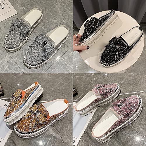 Women's Platform Rhinestones Glitter Sneakers,Fashion Cute Bow Comfy Breathe Canvas Hand-Stitching Slip On Casual Walking Flat Loafers3