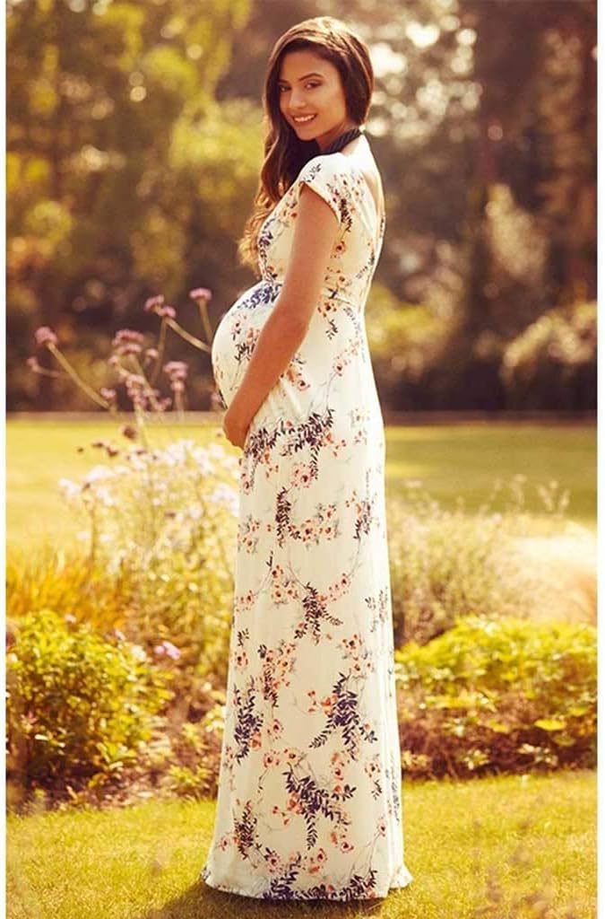 POLG Women's Floral Maternity Dress Ruched Side Bodycon Dress Pregnant V-neck Long Dress for Casual Wear or