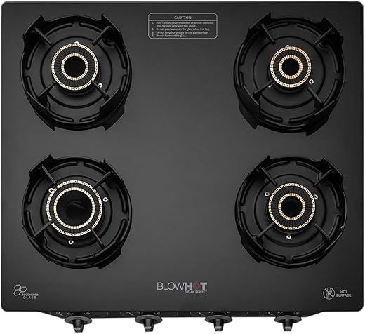 BLOWHOT Auto Ignition Premium Design 4 Tornado Brass Burner Gas Stove – Toughened Glass Cook Top Burner, Gas Stove Valve And Glass – 2 Years…