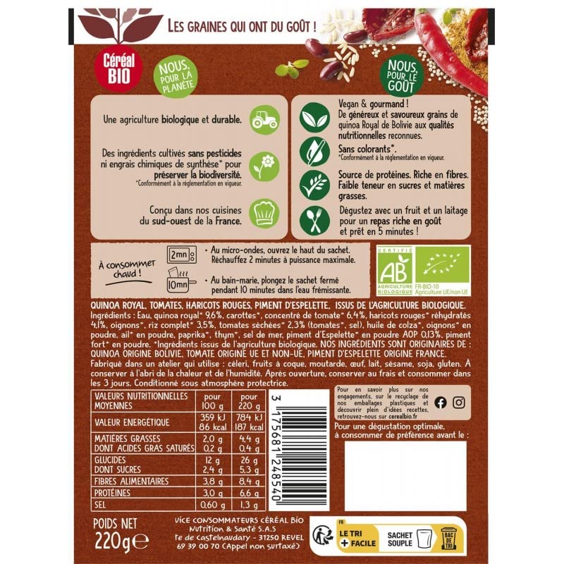 Cereal Bio - Quinoa Royal Tomates Séchées Et Piment D'Espelette Bio 220g - Epicerie Salée Saine Et Savoureuse - Le Lot De 4
