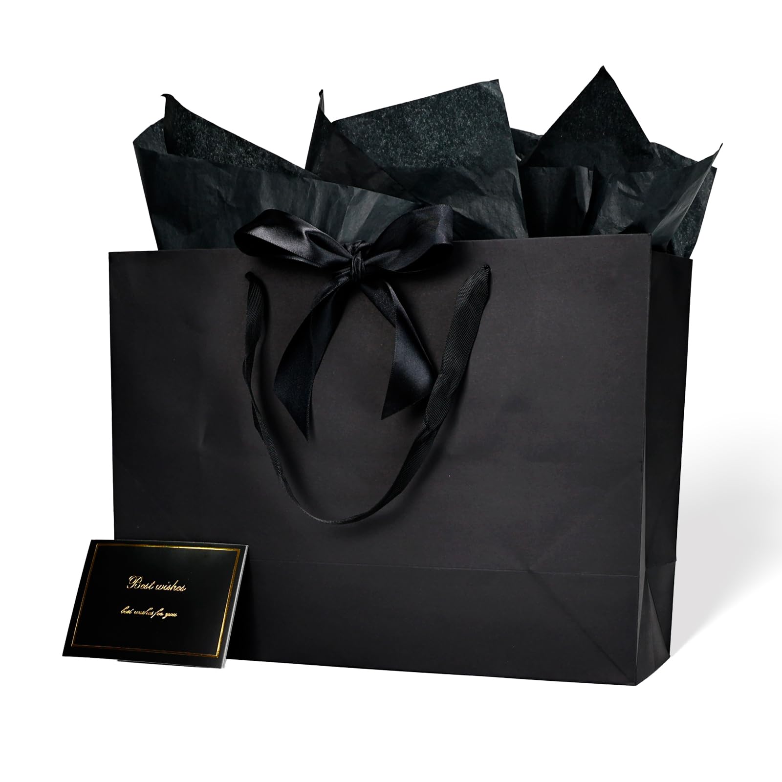 Aosric Black Gift Bags with Tissue Paper, 2 Pack 16x6x12 In Large Gift Bag with Ribbon & Greeting Card for Wedding, Birthday, Party Favor, Christmas, Return Gifts