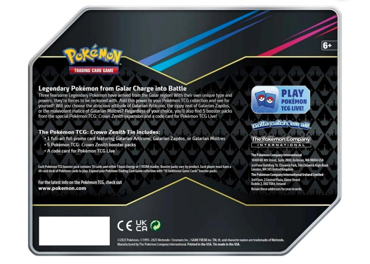 Amazon.com: Pokemon Crown Zenith Galarian Zapdos Tin Set (5