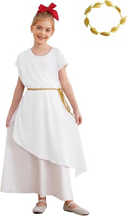 Kids Girls Ancient Roman Nobility Dress Up Greek Princess Tulle Dress Toga with Leaf Garland Headwear