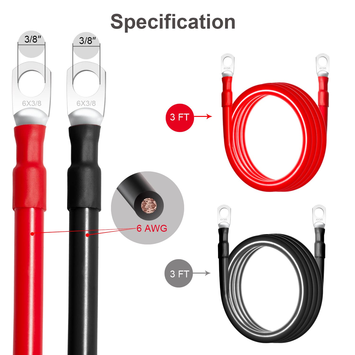 Batteriekabel, 6 AWG, 90 cm, 6 Gauge, Marine-Batteriewechselrichter-Kabel-Set mit 3/8-Zoll-Klemmen (positiv und negativ) für Solar, Wohnmobil, Auto, Boot, Motorrad, Auto