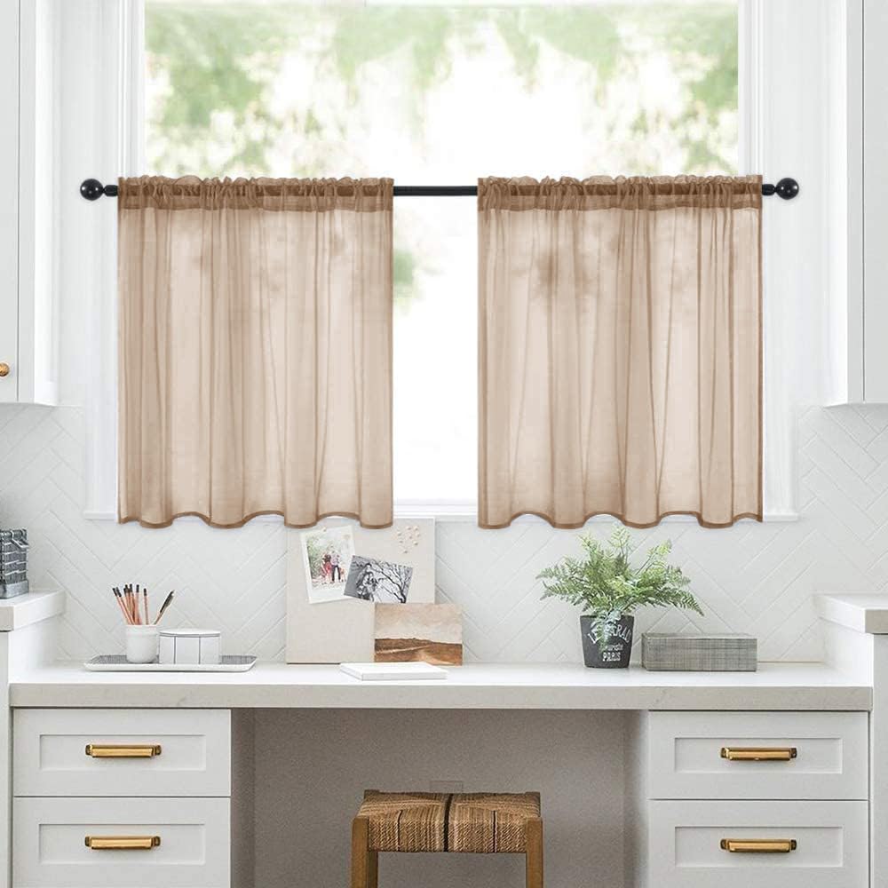 Treer 2 Panels Kitchen Curtains Short for Small Window, Semi Transparent Voile Curtains, Net Sheer Valance with Rod Pocket for Cafe Bathroom Sink Cupboard Living Room Decor (Brown,30x23.6in)