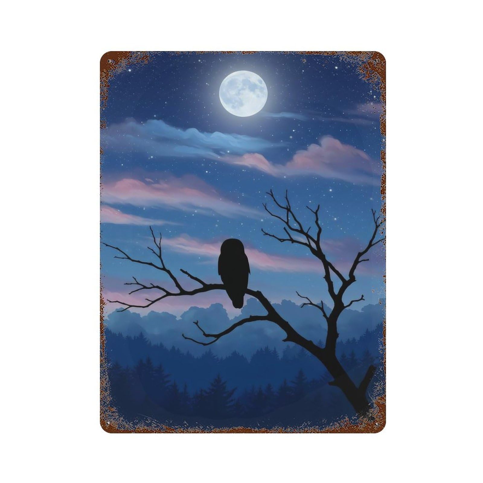 Owl Under Moonlight Rusty Metal Tin Sign 15.7"x11.8", for Basement, Hobby Room And Garage Decor, Retro Wall Decor