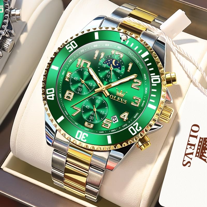 Image of OLEVS Watches for Men Stainless Steel Dress Men Watch with Date Big Face Chronograph Waterproof Luxury Fashion Watch Blue /Black /Gold /Green /Silver Face Relojes para Hombres