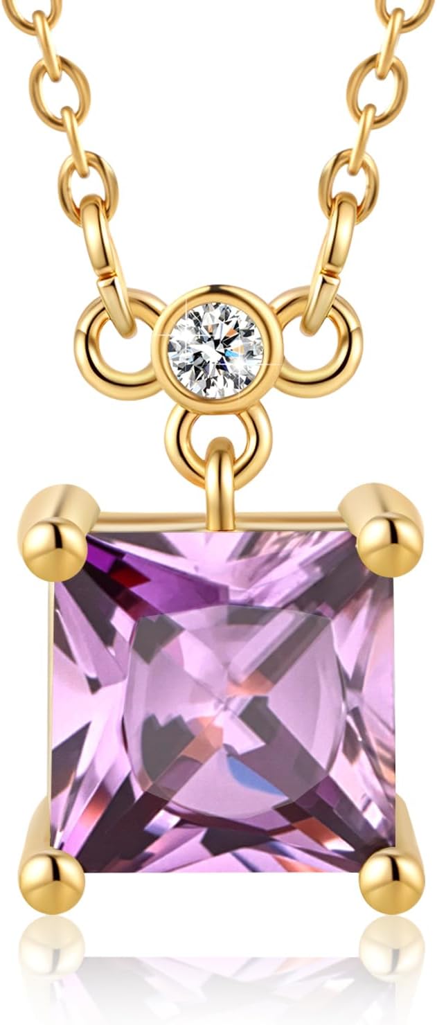 18K Gold-Plated Birthstone Necklace for Women, 5A Princess Square Cubic Zirconia Pendant, Birthday Anniversary Valentine's Gifts for Her, 18-20 Inches