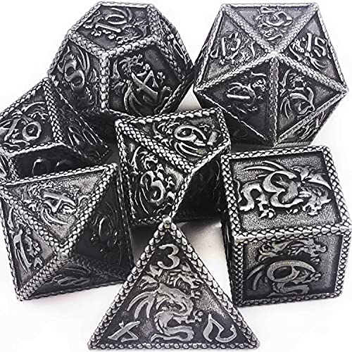 HAOMEJA DND Metal Dice Dragon Set D&D 7PCS D20 D12 D10 D8 D6 D4 for Dungeons and Dragons TTRPG Games Antique Iron