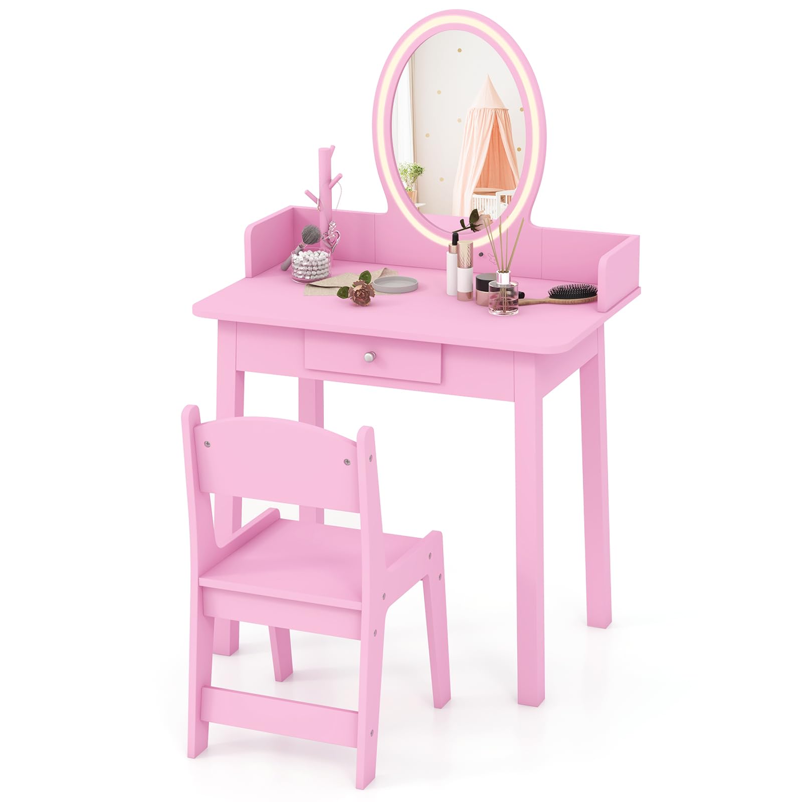 COSTWAY Tocador de Maquillaje Niña con Taburete, Espejo Iluminado con Iluminación LED de 2 Colores, Organizador de Joyas y Cajón, Juego de Mesa de Tocador Princesa para Niñas (Rosa)