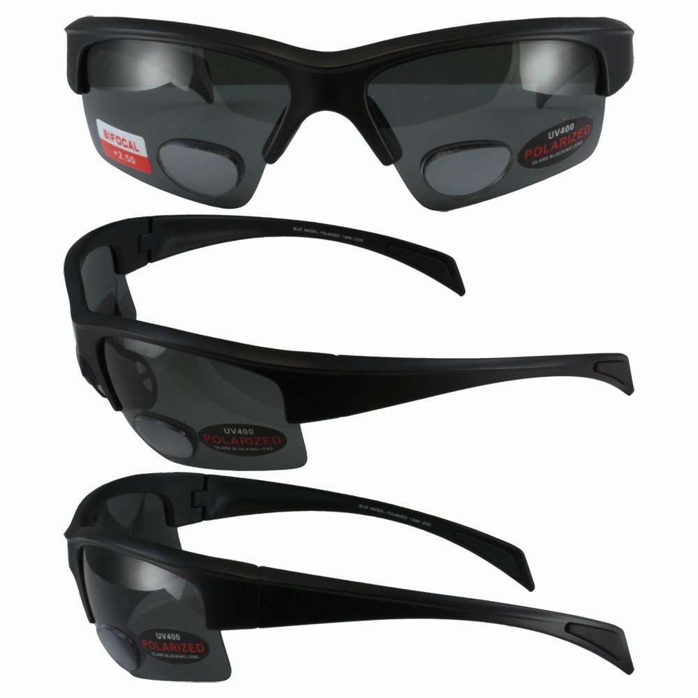 Global VisionBlueWater Polarized Bifocal 2 Sunglasses Matte Black Frames +2.5 Magnification Smoke Lenses by Global Vision
