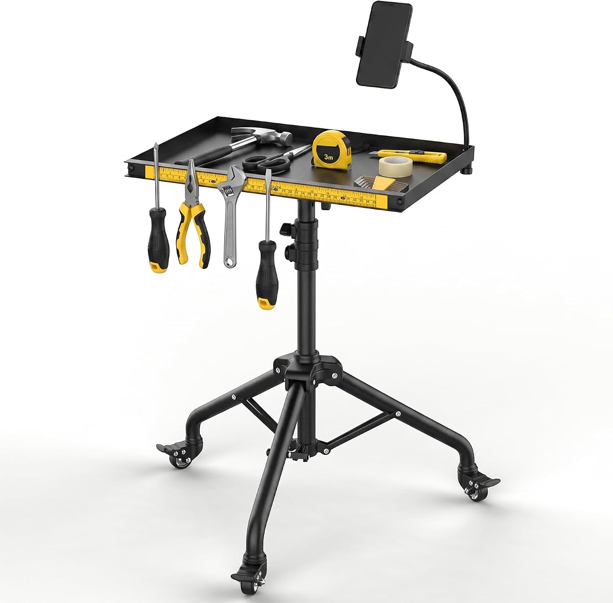 Rolling Tool Cart with Phone Stand, Portable Work Table Mechanic Cart | Portable Workbench Mobile Service Tray Cart with Magenetic Ruler Measurement Tool Holder for Light Duty, Garage and Home DIY