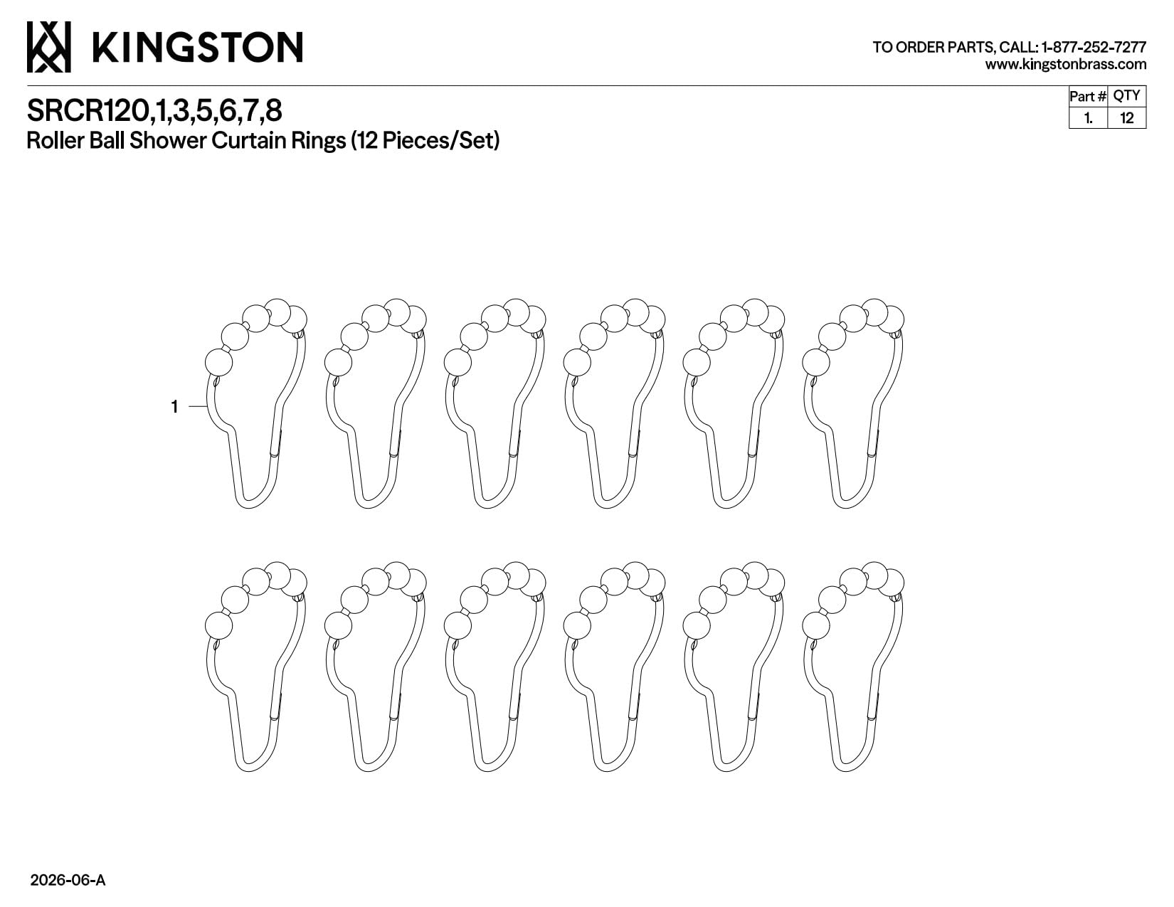 Kingston Brass SRCR120 Anillos de Cortina de Ducha (12 Piezas/Juego), Matte Black, 2-13/16 inch Length