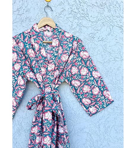 Image of Hand block print Cotton Kimono bikini cover up,Indian Hand block print Cotton Bath Robe,Swim Wear,Nighrwere Dressing Gown