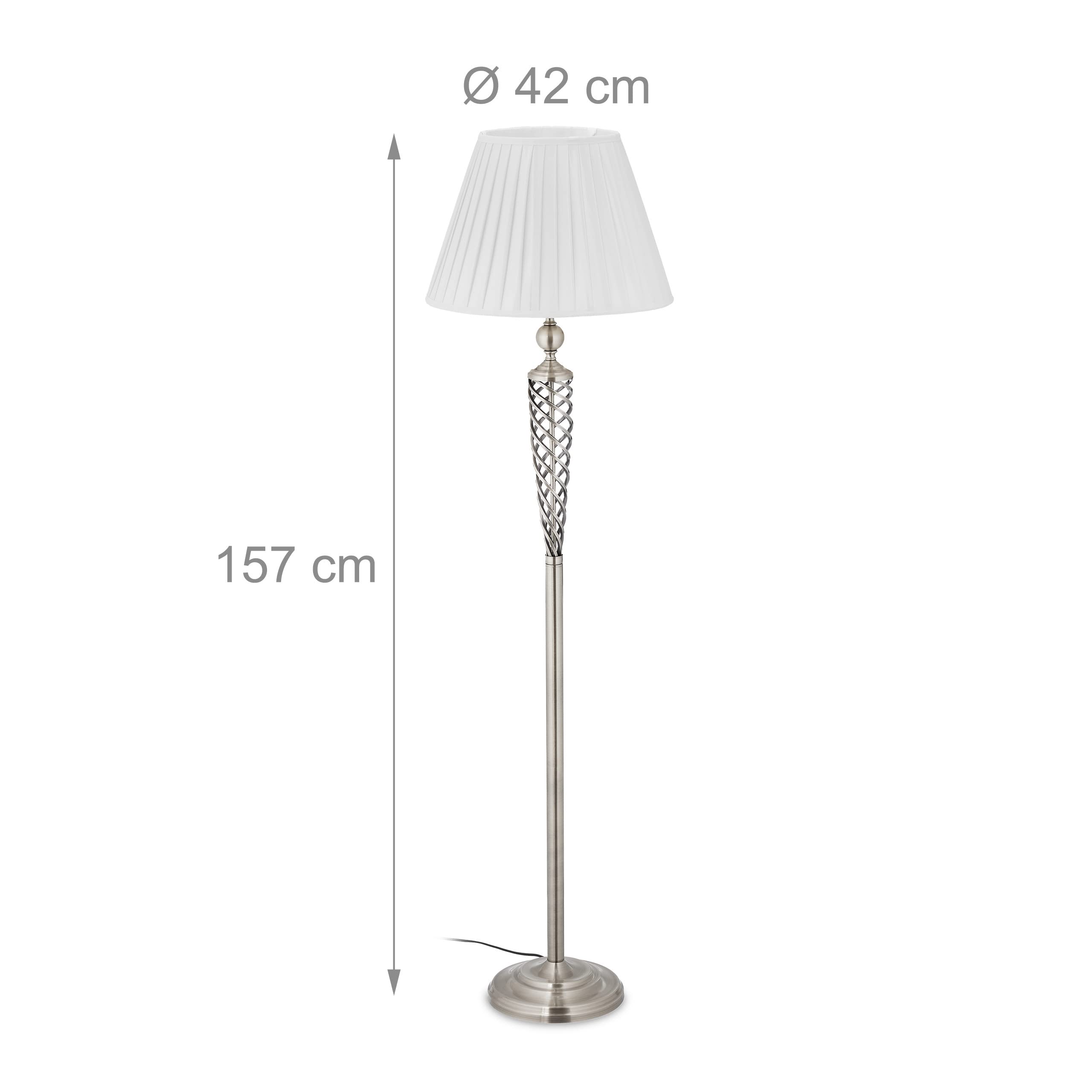Relaxdays Stehlampe antik, Stoffschirm, dekorativer Metallfuß, E27, Standleuchte Wohnzimmer, HxD: 157x42cm, silber/weiß