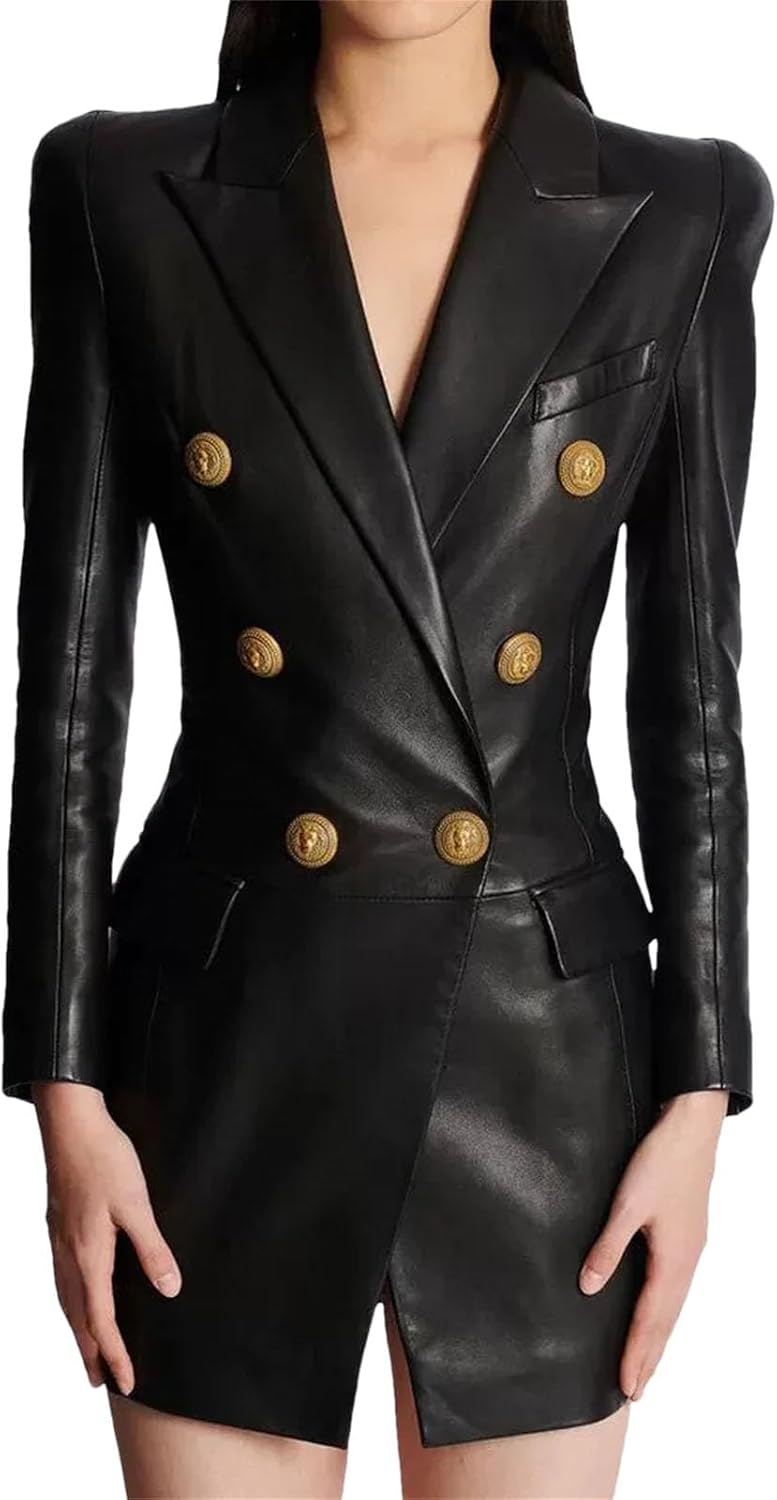 Women Buttons Faux Leather Suit Style Dress Notched Collar Long Sleeves Mini Dress
