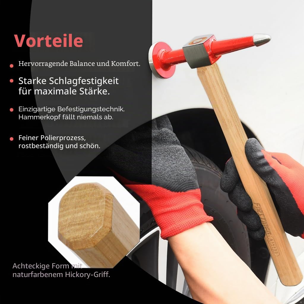 FIRSTINFO A15133 | Karosserie-Spitzhammer | Karosseriehammer | runder & flacher Kopf | Pick & Round Face for Auto Body Repair, Metalworking & Panel Beating with Hickory Handle & 4140 Alloy Steel Head, A15133