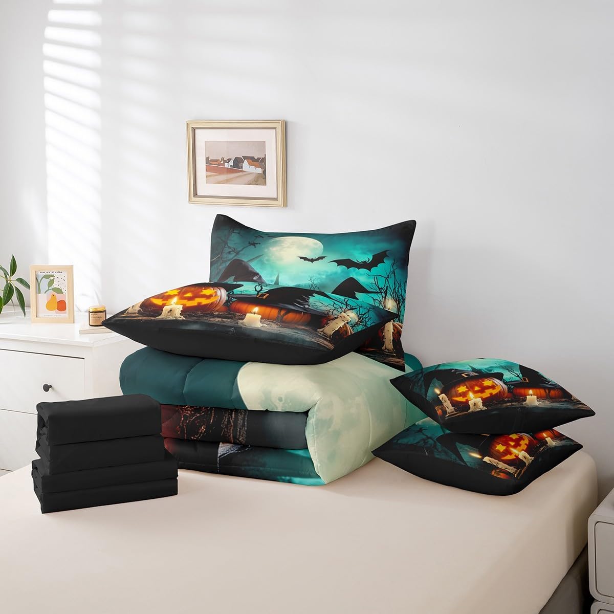 Erosebridal Halloween Bed in A Bag with Sheets Queen 7 Piece Witch Pumpkin Comforter Set Halloween Horror Bedding Set for Kids Boys Adults Reversible Tree Branch Bats Bed Set with Comforter