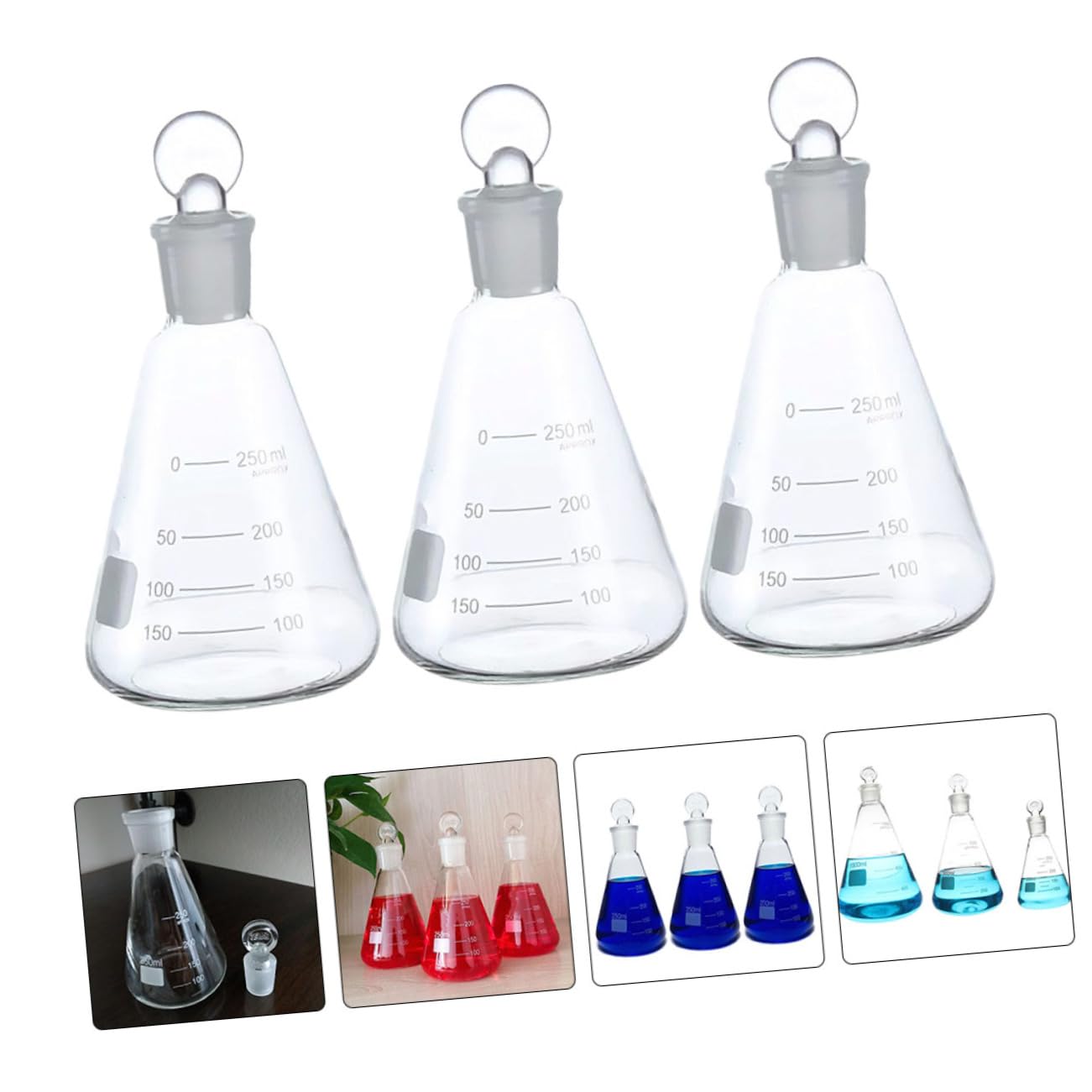SOLUSTRE 3piezas Matraz Erlenmeyer con Tapón de Vidrio para Experimentos Herramientas Escolares Cristalería de Laboratorio Matraz Cónico para Experimentos
