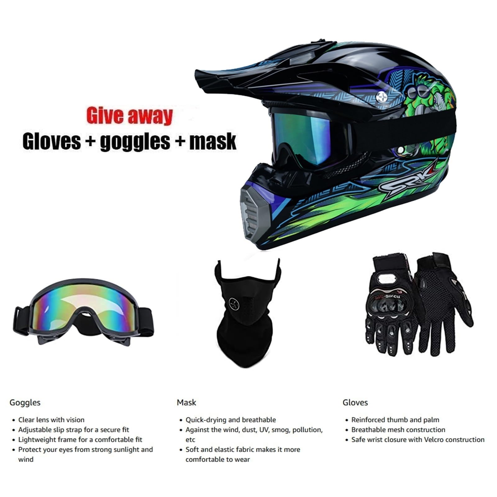 Casco de motocross Fullface MTB para niños, con guantes, máscara de gafas, casco de moto para niños, juego de casco para hombre, ATV, casco de moto MX Enduro, MTB, casco de moto, casco de descenso